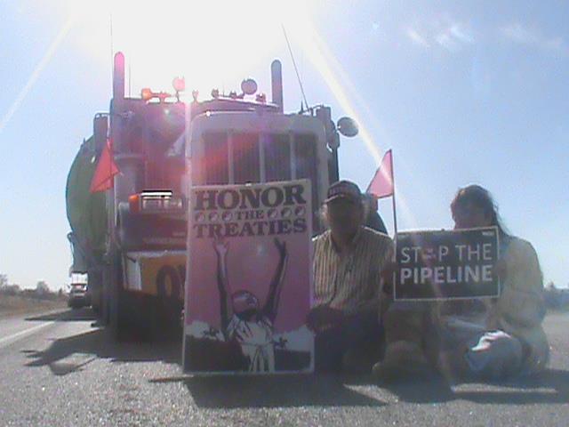 Oil pipeline trucks stopped by Oglala Lakota people at Pine Ridge Reservation