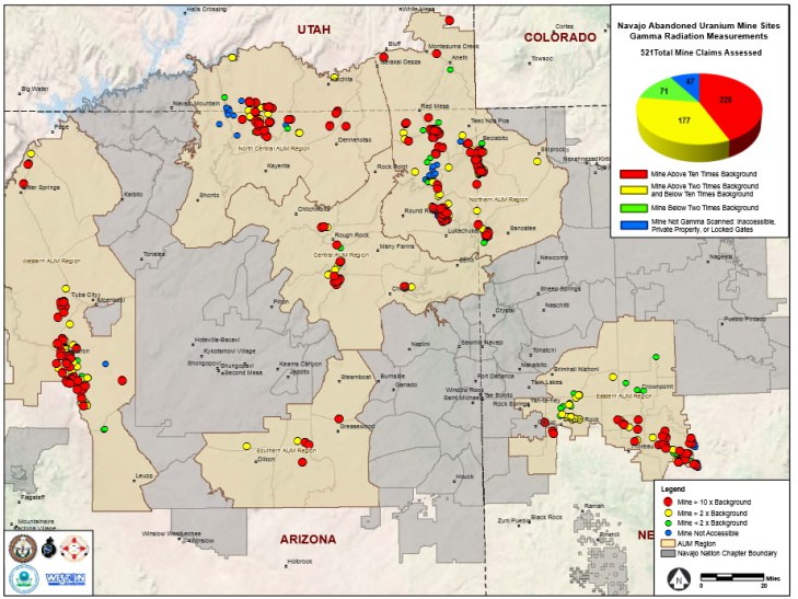 Navajo abandoned uranium mines gamma radiation measurements and priority mines. US EPA