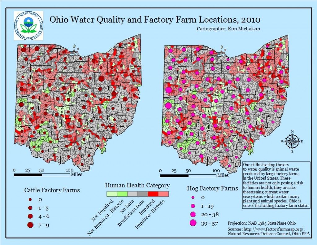Map by Kim Michalson. This 2010 map shows the location of major factory farming operations in Ohio and corresponding water quality readings. Ohio has among the highest density of CAFOs (Concentrated Animal Feeding Operations) of any U.S. state.
